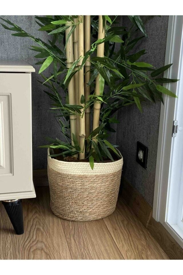 - 30 X 25 ÜSTÜ BEYAZ  ŞERİTLİ HASIR SAKSI SEPETİ