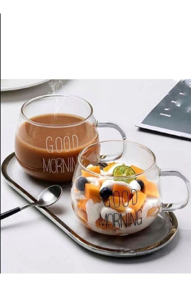 - 2 ADET GOOD MORNİNG YAZILI TASARIM CAM KUPA